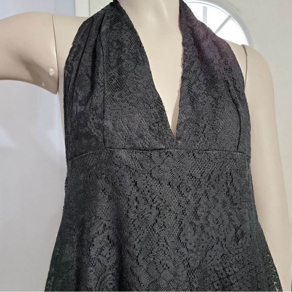 Black One-Shoulder Lace Dress with Halter Neck